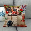 Detail of Christmas oil painting print linen pillowcase showing a cozy kitchen scene - 45x45cm / Kitchen Pets Christmas (12)