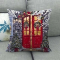 Close-up of linen pillowcase with Christmas oil painting on a gray sofa - 45x45cm / Snowy Night Red Door (10)