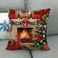 Detailed texture of linen pillowcase with festive Christmas fireplace and golden retriever art - 45x45cm / Golden Retriever Christmas (9)