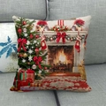 Detailed texture of linen Christmas pillow case with festive indoor fireplace printing - 45x45cm / Stairs Cat Christmas Gift (8)