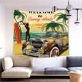 Dettaglio arazzo vintage delle Canarie con auto d'epoca e scena di spiaggia tropicale - 150x100(Pelle di Pesca) / Isole Canarie