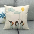 Linen throw pillow cover with cute cartoon penguins and hot air balloon on a gray sofa - 18x18 Inch / Hand-painted Cartoon Penguin