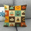 Detailed view of linen cushion texture with nautical icons like sailboats and anchors - 18x18 Inch / Cartoon Nautical Elements
