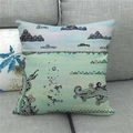 Close-up of linen pillowcase with colorful hot air balloon penguin illustration on grey sofa - 18x18 Inch / Abstract Clouds and Ripples