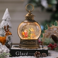 Dettaglio lanterna di Natale vintage in bronzo con scena musicale di Babbo Natale e renne - Babbo Natale sulla slitta con le renne