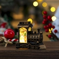 Close-up of vintage Christmas train lantern with warm lights and snowman detail - Brushed Gold Bronze