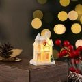 Macro view of a glowing resin Christmas toy shop house with warm LED lighting and snow texture - Style E (White 101-E)