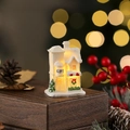Miniature white resin Christmas house ornament with warm LED light and snow texture - Style J (White 101-J)