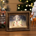 Dettaglio cornice natalizia vintage con famiglia di pupazzi di neve ed effetto neve a LED - Stile Famiglia di Pupazzi di Neve