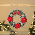 Detalle de corona navideña con lazos rojos, flores de pascua y estrellas doradas decorativas - Estilo De Estrella Dorada / 35cm