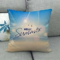 Close-up of Hello Summer print on linen pillowcase with beach and sky design - Summer Beach Gradient Style (9)
