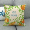 Detail of linen pillowcase with watercolor orange print and Hello Sunshine text - Watercolor Orange Fruit Style (15)