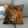 Detailed close-up of a realistic lion portrait linen throw pillowcase on a grey sofa - Male Lion Art Painting (15)