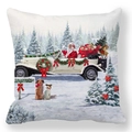 Detail of Christmas pillowcase featuring Santa driving a vintage car with North Pole sign - 18x18 Inch / Santa Driving White Car (2)