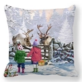 Close-up of oil painting cushion cover with kids and reindeer in a snowy forest scenery - 18x18 Inch / Kids Observing Reindeer (3)