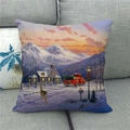 Detail van linnen kussensloop met aquarel winterscène en rode vrachtwagen op een bank - Winter Zonsondergang Sneeuwscène Pickup (13)