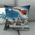 Detailed view of linen Christmas pillow cover with Santa and reindeer on a gray sofa - Santa And Orange Cat Style (8)