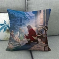 Detailed view of linen Christmas pillowcase with Santa and reindeer on a grey sofa - Bethlehem Manger Religious Style (11)