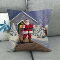 Detailed view of linen Christmas pillowcase featuring vintage Santa Claus and snowy cabin - Vintage Oil Painting Snow Scene Style (16)