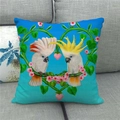 Funda de cojín de lino con loros en acuarela y corazón de flores azuladas - Estilo de Loros Corazón Fondo Azul (4) / 45x45cm