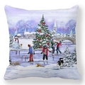 Peach skin pillowcase featuring a snowy winter village and snowman oil painting print - 18x18 Inch / Winter Village Skating Scene (1)
