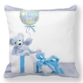 Detail of peach skin pillowcase showing cute cartoon bear in gift box with It's a Boy balloon - Blue Gift Box Bear (2)