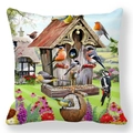 Detailed close-up of bird and floral oil painting print on peach skin pillowcase fabric - Country Garden Birds (8)