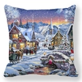 Christmas oil painting pillowcase featuring a snowy winter town scene on peach skin fabric - Winter Town Snow Scene (10)