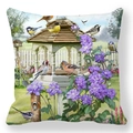 Detail of garden birdhouse and purple clematis painting on a soft peach skin pillowcase - Purple Clematis Birdhouse (13)