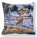 Close-up of winter forest art with a snowy cabin and deer on a peach skin pillowcase - Forest Elk Riverside (16)