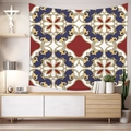 Detail of bohemian geometric tapestry hung above a wooden cabinet in a cozy living room - Pattern Thirteen