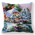 Detailed texture of peach skin pillowcase with vibrant Christmas oil painting scenery - Red Brick Cottage Snow (20)