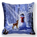 Detail view of square Christmas pillowcase with oil painting snowman and deer design - Snowman and Deer Forest (21)