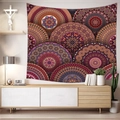 Detail of bohemian mandala tapestry hanging above a modern sideboard in a cozy room - Pattern 15