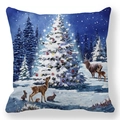 Detailed Christmas tree and forest animals oil painting print on square pillowcase - Dark Blue Night Forest Tree (23)