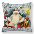 Detailed close-up of Santa Claus illustration on square festive Christmas pillowcase - Santa with Gold Staff (24)