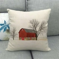Linen Christmas pillow case with red barn winter snow landscape on gray sofa - Red House Barn Snow Scene Style (1)