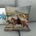 Close-up of vintage Christmas horse scene printed on rustic linen decorative pillowcase - Vintage Folk Horse Riding Hunt Style (4)