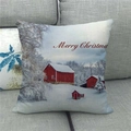 Macro detail of Christmas linen pillowcase showing snow scene and Merry Christmas text - Nordic Red Cabin Snow Scene Style (8)