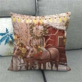 Christmas horse linen pillowcase with winter snow scene and red cottage on a grey sofa - Christmas Two Horses Red Cabin Style (9)