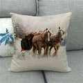 Detailed texture of linen Christmas pillowcase with horses and sled on a sofa - Christmas Gift Sled Horses Style (11)