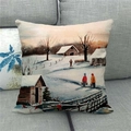 Close-up of rustic linen pillowcase showing detailed winter snowy village scene print - Winter Country Snow Red Bird Style (13)