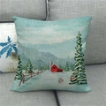 Close-up of linen pillow cover featuring winter cabin and snow landscape pattern - Snow Mountain Red Cabin Squirrel Style (14)