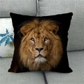 Detailed view of linen cushion cover with realistic lion head print on a gray sofa - Lion Portrait on Black Background (9)