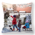 Peach skin pillowcase featuring Christmas oil painting of children and donkeys in snow - 18x18 Inch / Kids Interacting with Donkeys (4)