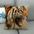 Wild tiger face print linen cushion cover on a grey sofa, realistic animal design - 18x18 Inch / Realistic Mighty Tiger Head (7)