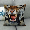 Detailed macro view of realistic tiger face print on square linen blend throw pillow cover - 18x18 Inch / Roaring Tiger Face (8)