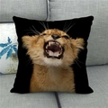 Detail of linen pillowcase with a vivid lion cub roar print on a grey fabric sofa - 18x18 Inch / Roaring Lion Cub (9)