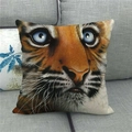 Macro shot of realistic tiger head print on linen pillowcase with detailed fur and blue eyes - 18x18 Inch / Blue-Eyed Tiger Head (11)