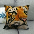 Detailed close-up of a square linen pillowcase with realistic tiger head print on a sofa - 18x18 Inch / Wild Vivid Tiger Head (13)